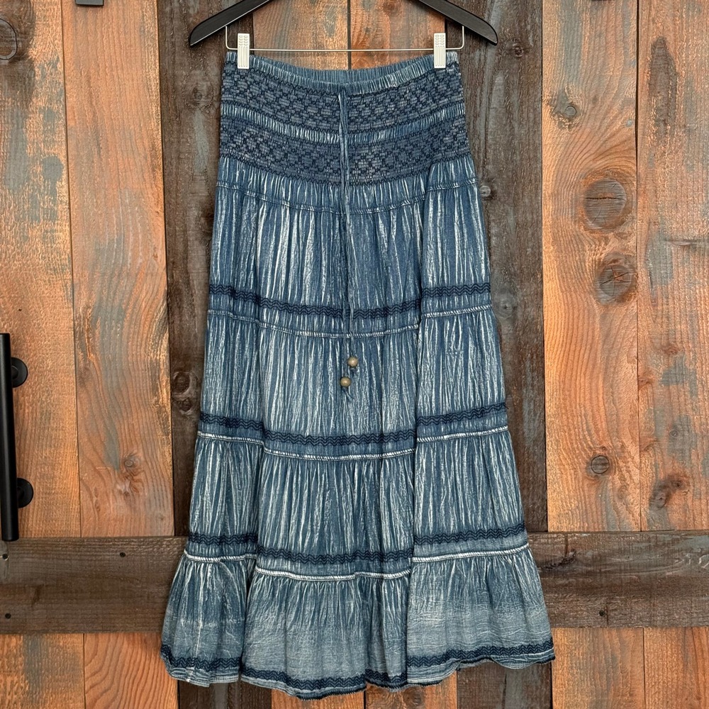Lapis Blue Acid Wash Tiered Maxi Skirt Smocked Cotton Boho Festival Country